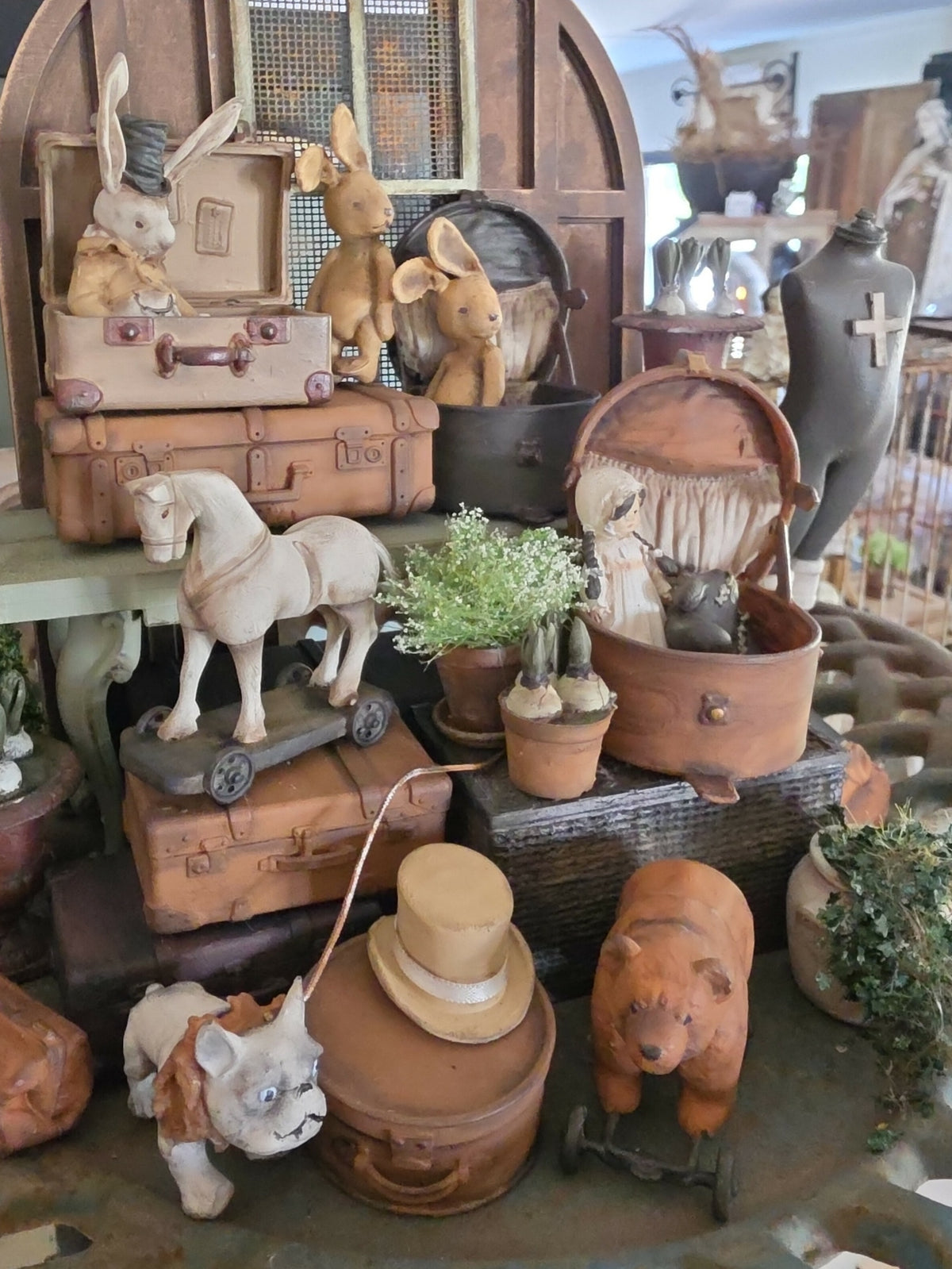 Miniatuur Antiek Trekpaard op Wieltjes | Vintage Toy Horse | Brocante Speelgoedpaard | Handbeschilderd Resin Miniatuur