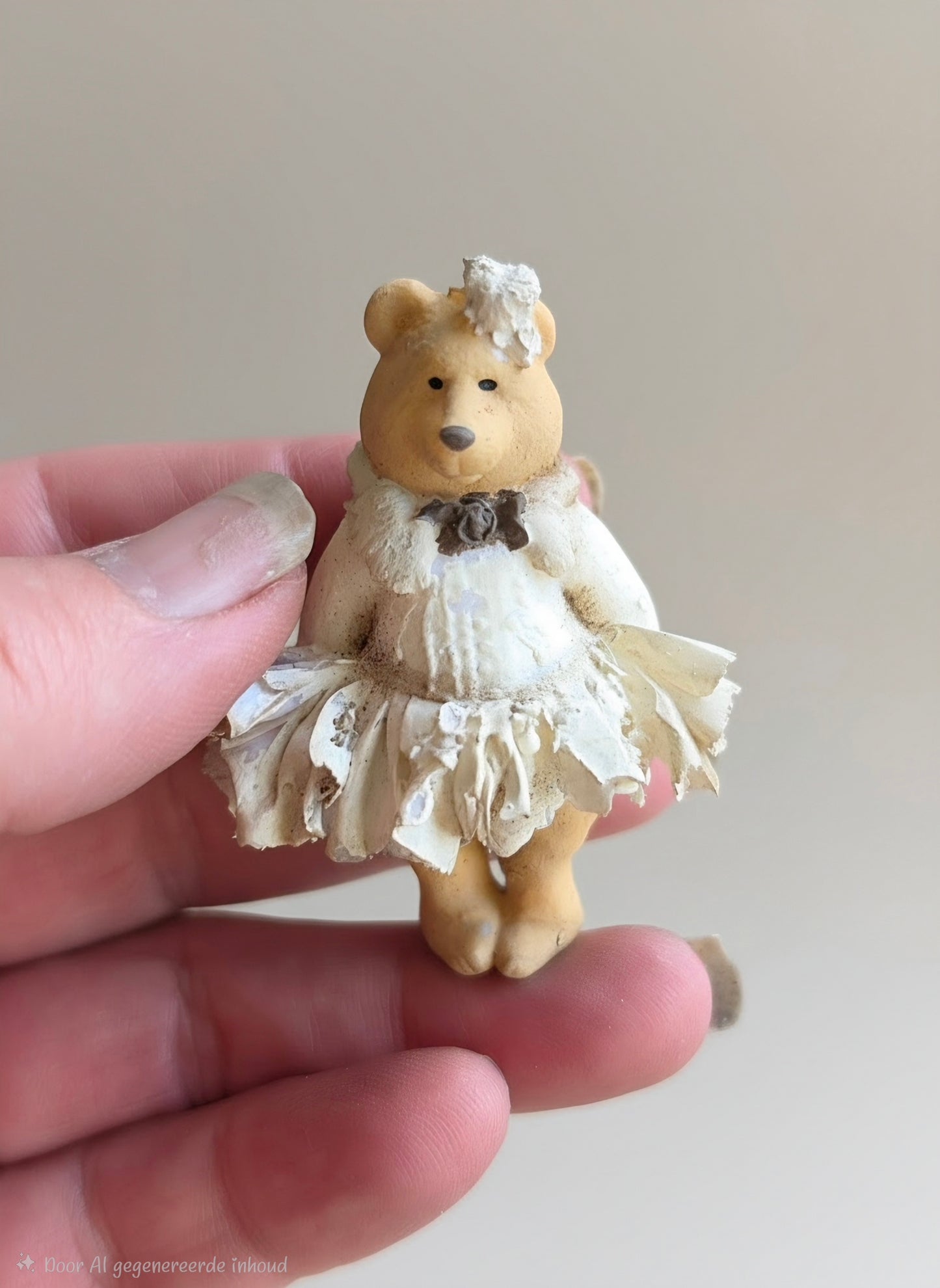 Romantische Miniatuur Beer in Jurkje 1:12 Handgemaakt en Handbeschilderd Uniek Poppenhuis Accessoire