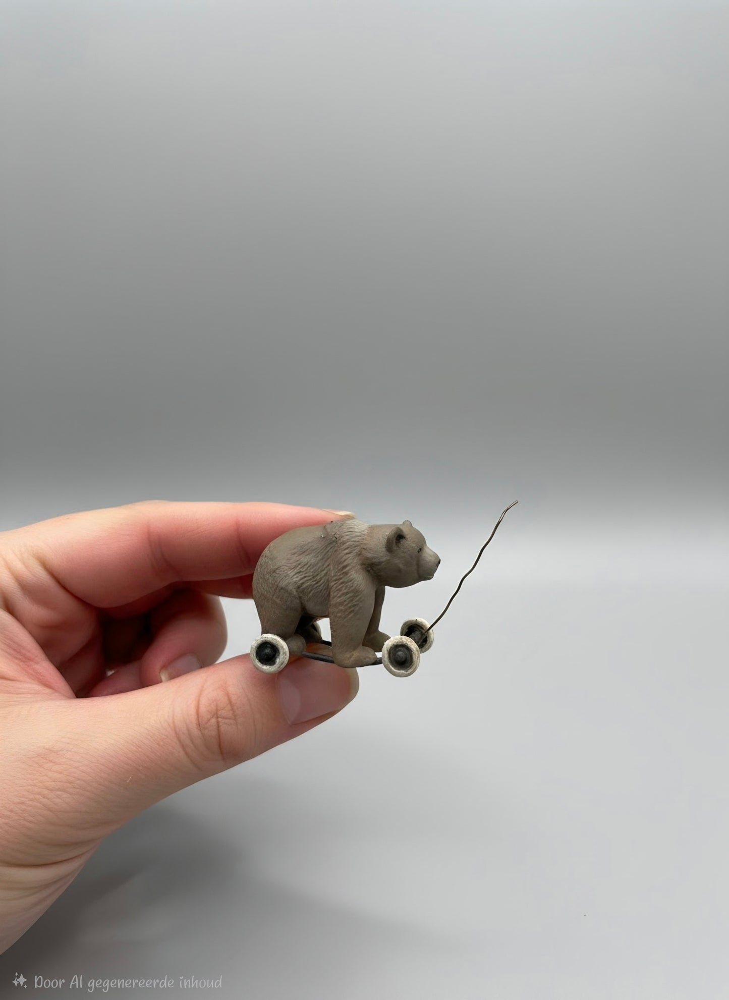 Miniatuur Oude Speelgoedbeer op Wielen – Nostalgische Brocante Charme